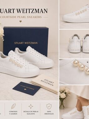Stuart Weitzman Pearl-Embellished White Leather Sneakers